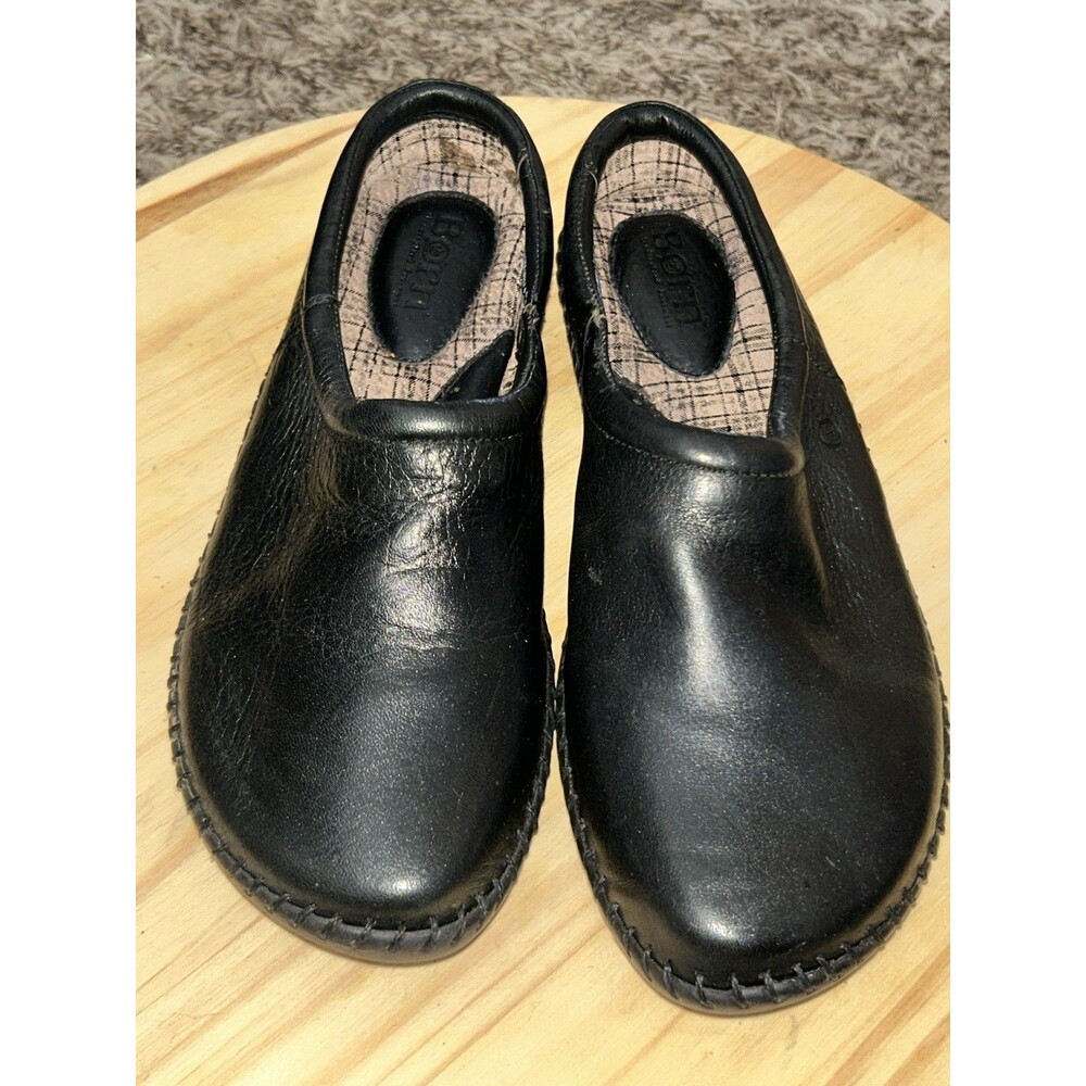 Born Avoca Women's Black Leather Clogs Mules Plaid Lining Shoes Size 8 M MRE8